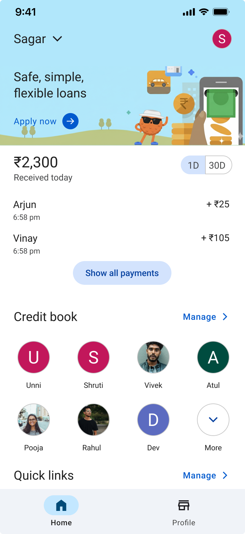 GPay Credit Log home screen mockup